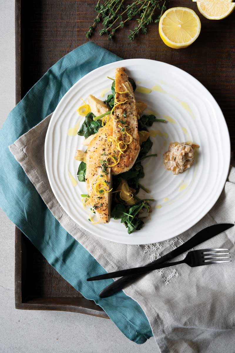 Dinner: One-Pan Chicken with Artichokes, Spinach, Lemon, and Thyme