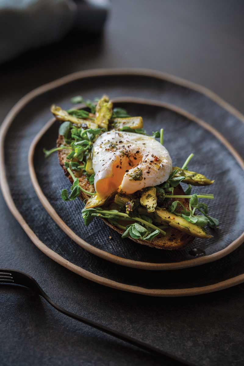 Open-Faced Breakfast Sandwiches with Asparagus and Spring Microgreens