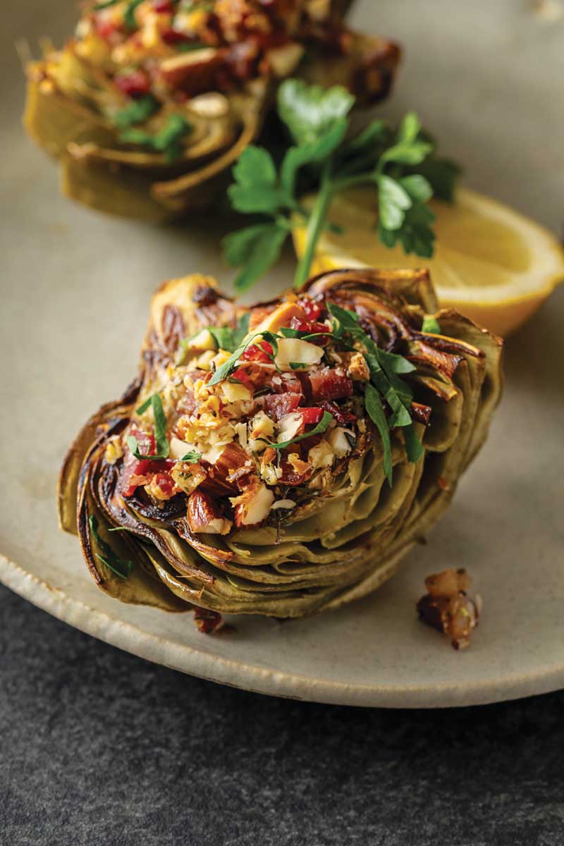Roasted Artichokes with Serrano Ham and Marcona Almonds