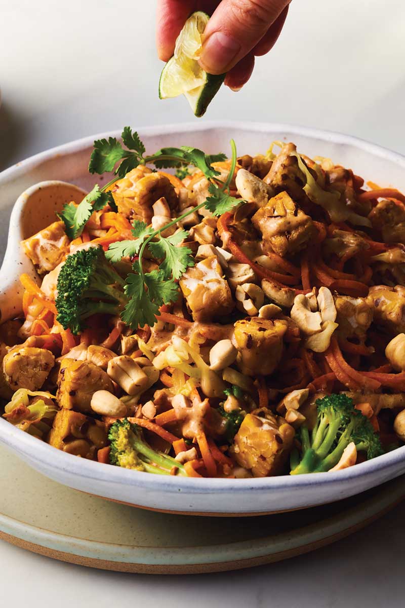 Sweet Potato Noodles with Almond Sauce and Tempeh