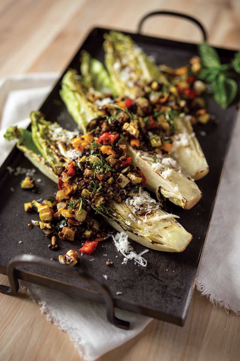 Roasted Summer Vegetable Salad on Charred Romaine