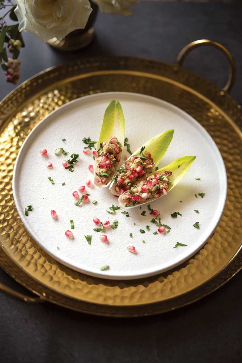 Holiday Spice Hummus Endive Boats with Pomegranate