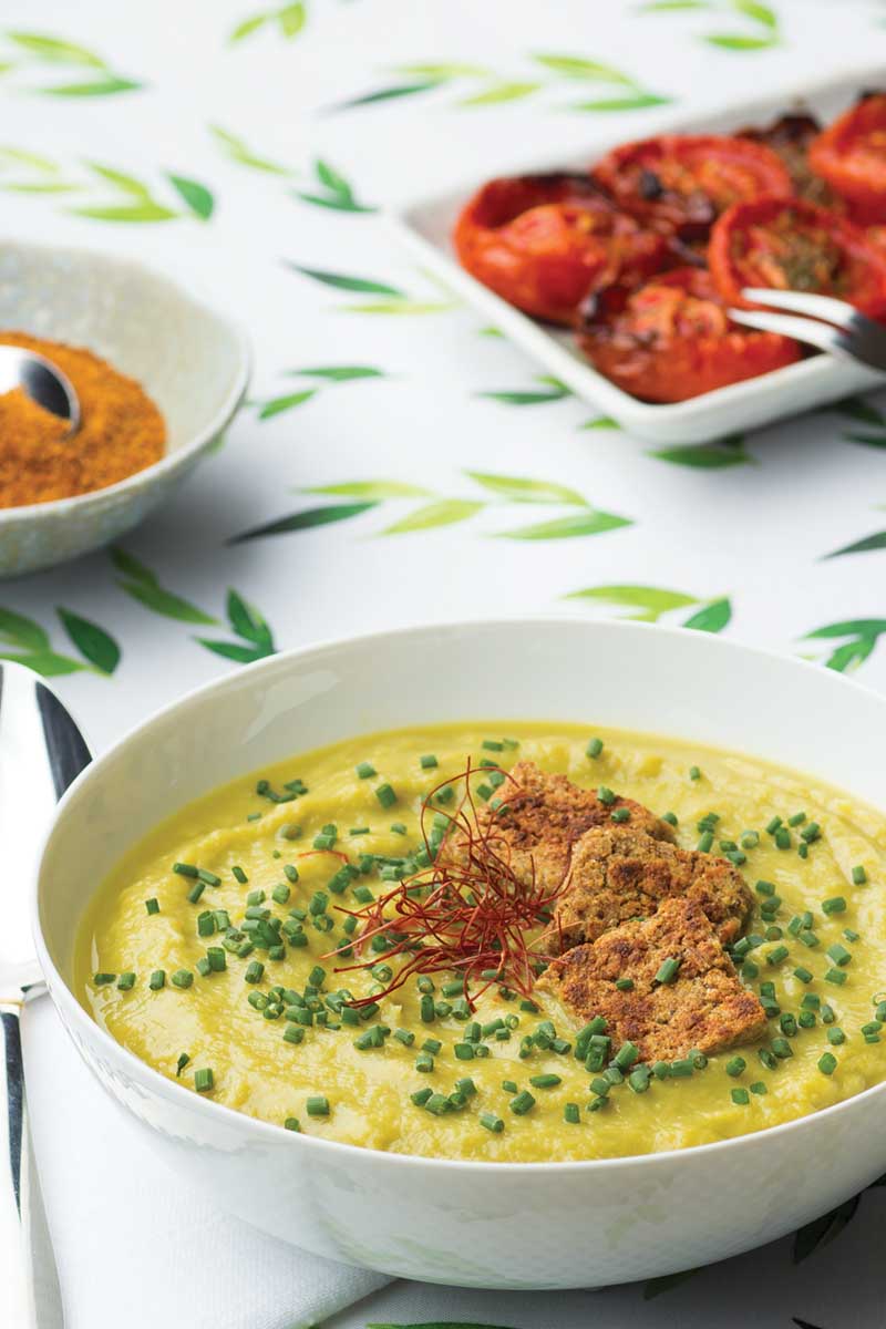 asparagus recoup soup crispy croutons