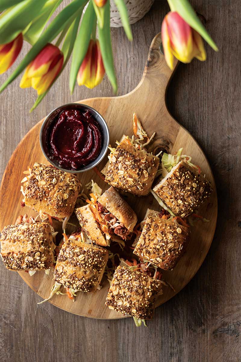 Rhubarb BBQ pulled chicken sliders