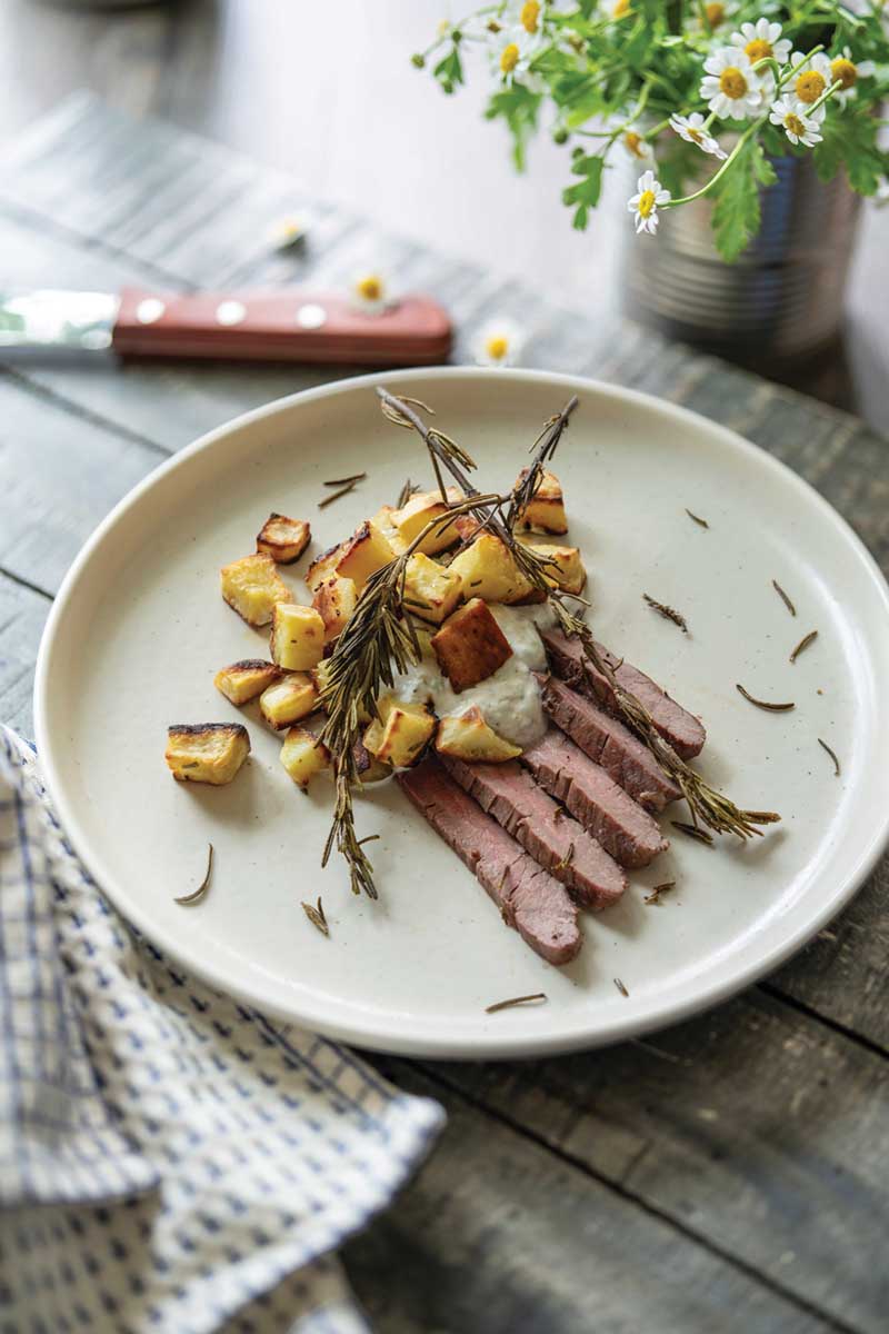 Bison steaks with buffalo yogurt sauce