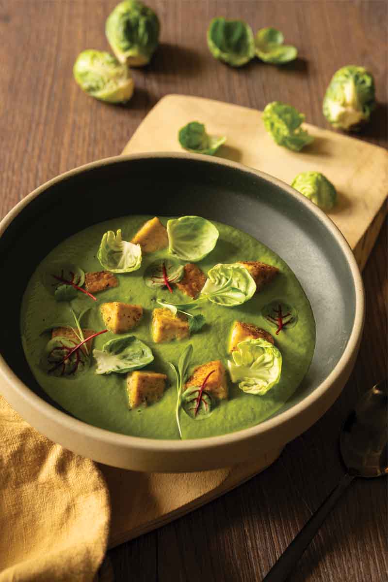 Brussels sprout and spinach saang tofu paneer