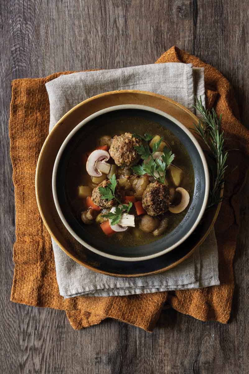 Elk meatball and wild mushroom stew