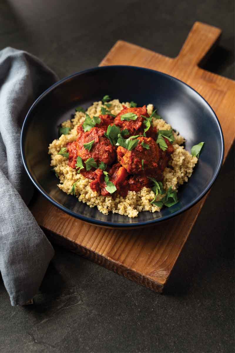 Tomato braised turkey meatballs with lemon scented quinoa