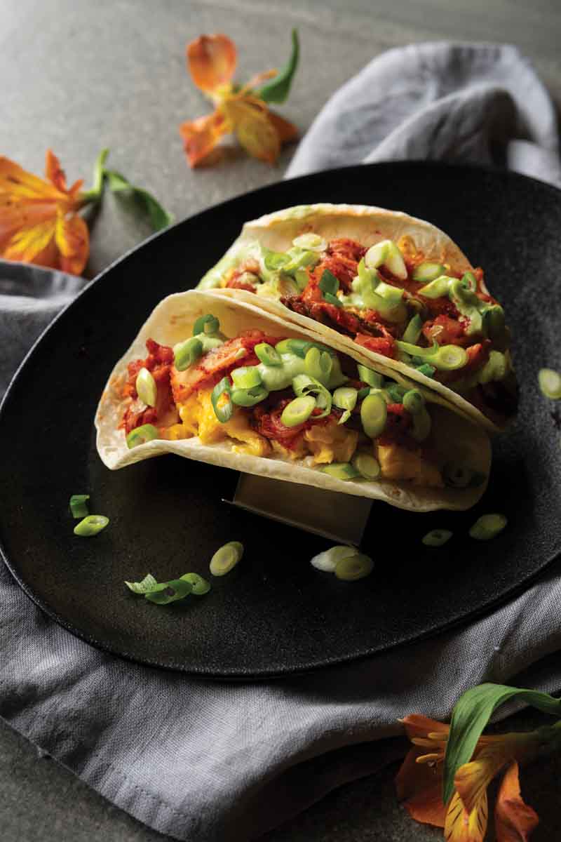 Kimchi Mid-Day Breakfast Tacos with Avocado Crema