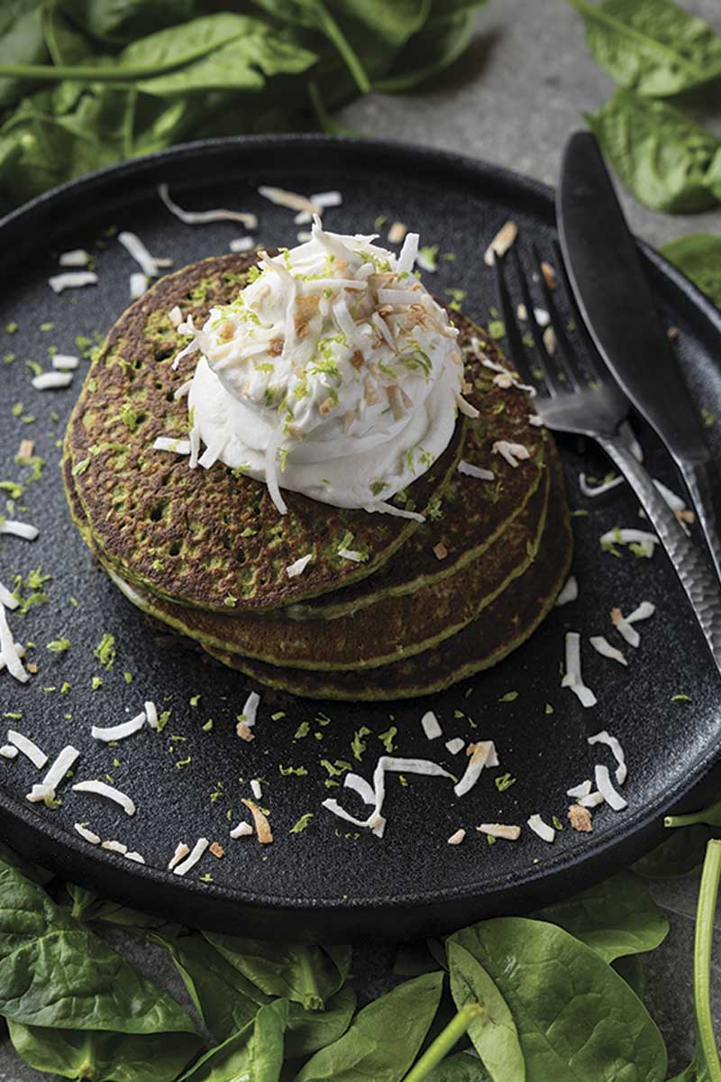 Glow-Up Green Pancakes with Roasted Coconut Topping
