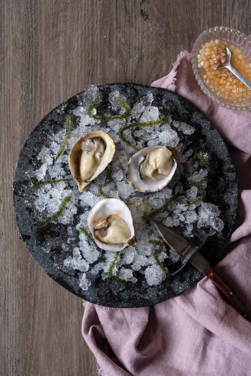 Raw Oysters with Pear and Black Pepper Mignonette